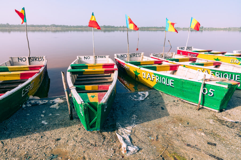 Boats at Lac Rose or Retba Lake. Dakar. Senegal. West Africa. UN