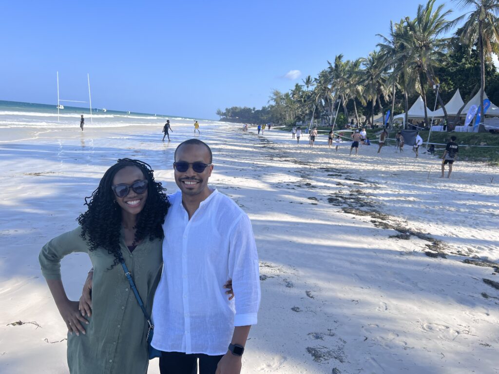 black couple stand on diani beach kenya