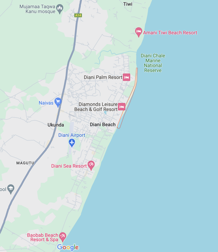 map showing diani beach kenya