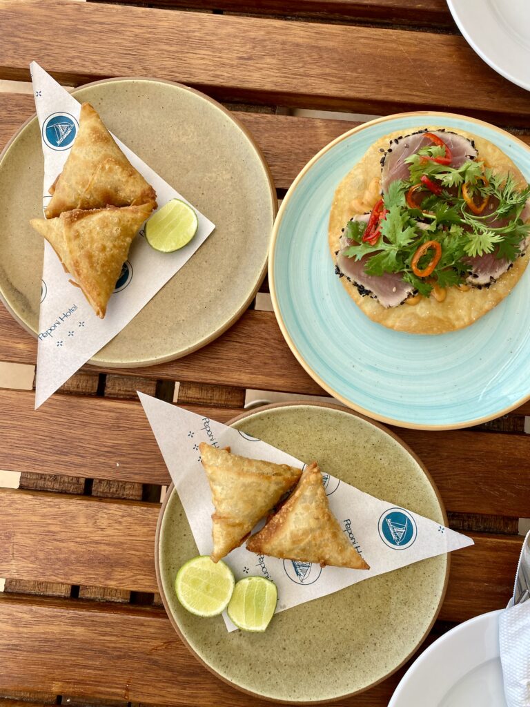 samosas and a tuna tostada from peponis in lamu